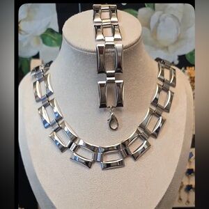 New Silver Over Stainless Steel Geometric Link Necklace & Bracelet Set